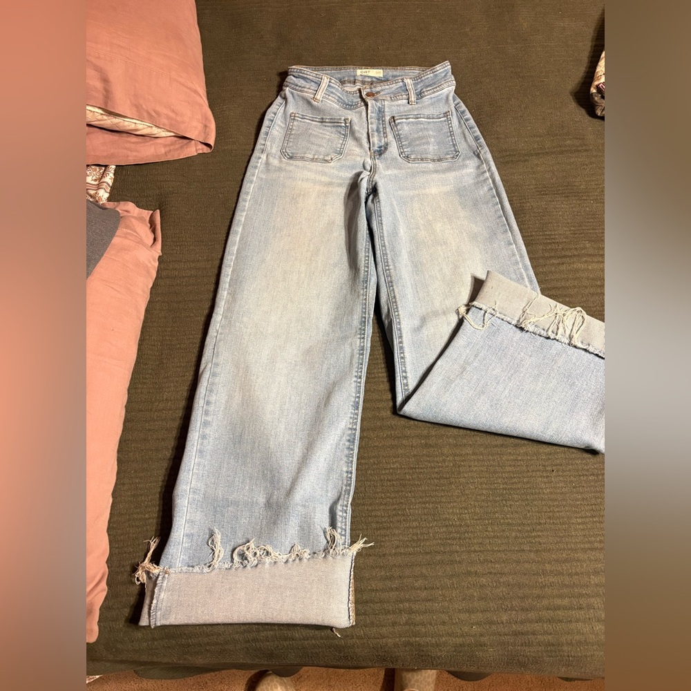 Oat New York Light Blue Wide Leg Frayed Hem Jeans